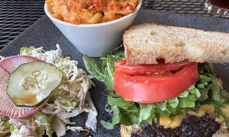 An emu burger and mac and cheese at Prestonrose Farm and Brewing Co.